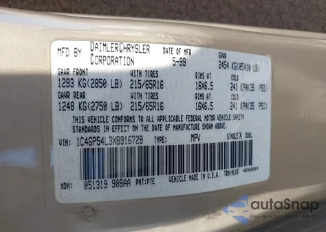 1999 Chrysler Town & Country Lx z USA, uszkodzony, nr VIN 1C4GP54L3XB916729